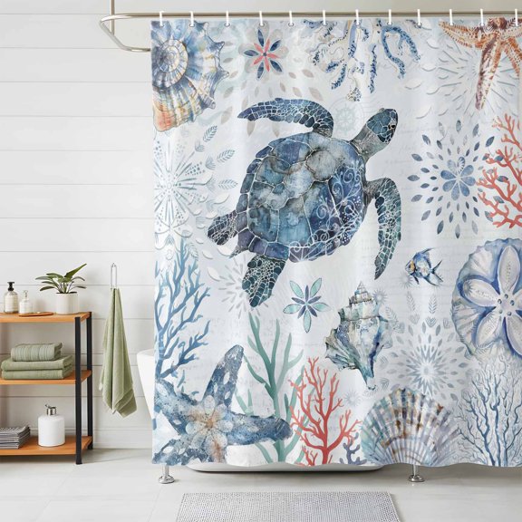 Shower Curtains for Bathroom, Ocean Sea Turtle Waterproof Fabric Shower Curtain, Summer Coastal Coral Flower Shells Decorative Bathroom Curtain for Bathtub, 36"x72", No Hooks Included