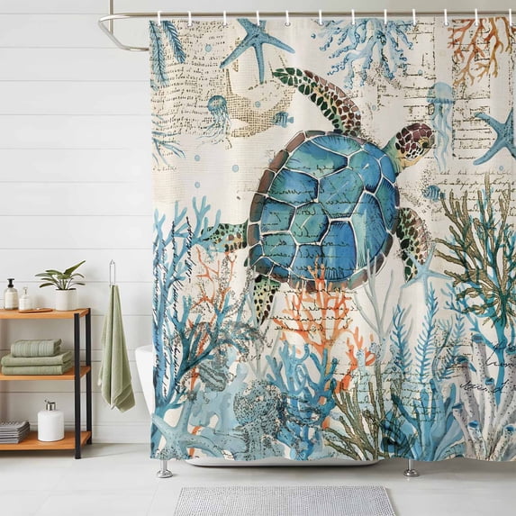 Shower Curtains for Bathroom, Ocean Turtle Waterproof Fabric Shower Curtain, Coastal Nautical Coral Starfish Blue Decorative Bathroom Curtain for Bathtub, 66"x72", No Hooks Included