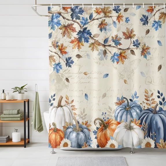 Shower Curtains for Bathroom, Orange Blue Pumpkin Fall Waterproof Fabric Shower Curtain, Thanksgiving Maple Leaves Branch Decorative Bathroom Curtain for Bathtub, 36"x72", No Hooks Included
