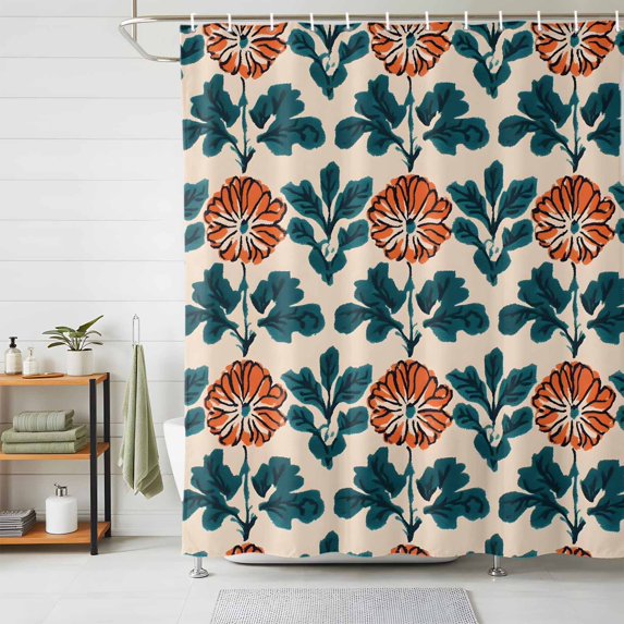 Shower Curtains for Bathroom, Orange Green Botanical Art Waterproof Fabric Shower Curtain, Summer Greenery Floral Decorative Bathroom Curtain for Bathtub, 36"x72", No Hooks Included
