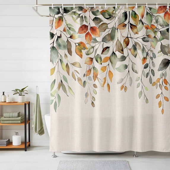 Shower Curtains for Bathroom, Orange Green Eucalyptus Leaves Waterproof Fabric Shower Curtain, Fall Botanical Rustic Decorative Bathroom Curtain for Bathtub, 36"x72", No Hooks Included