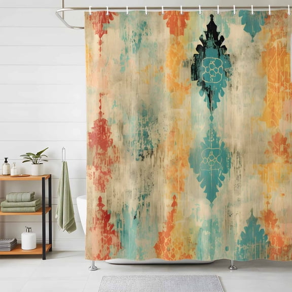 Shower Curtains for Bathroom, Orange Teal Red Waterproof Fabric Shower Curtain, Boho Ethnic Abstract Splashing Art Decorative Bathroom Curtain for Bathtub, 36"x72", No Hooks Included