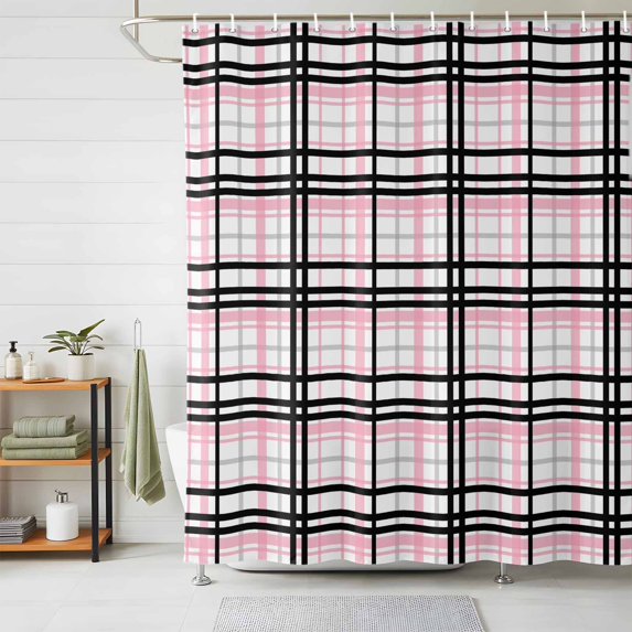 Shower Curtains for Bathroom, Pink Black Plaid Waterproof Fabric Shower Curtain, Farmhouse Pink Black Checkered Decorative Bathroom Curtain for Bathtub, 72"x78", No Hooks Included