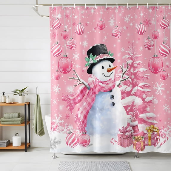 Shower Curtains for Bathroom, Pink Christmas Waterproof Fabric Shower Curtain, Snowman Xmas Tree Ball Gifts Winter Decorative Bathroom Curtain for Bathtub, 72"x84", No Hooks Included