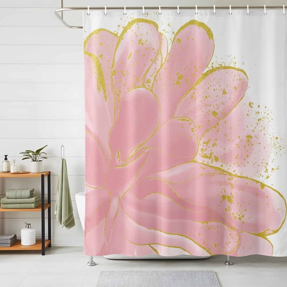 Shower Curtains for Bathroom, Pink Gold Waterproof Fabric Shower Curtain, Boho Modern Abstract Minimalist Aesthetic Flower Decorative Bathroom Curtain for Bathtub, 36"x72", No Hooks Included