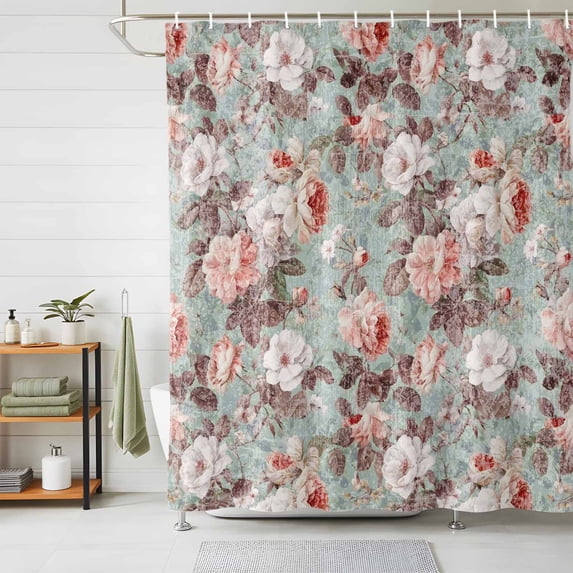 Shower Curtains for Bathroom, Pink Green Spring Floral Waterproof Fabric Shower Curtain, Vintage Botanical Summer Decorative Bathroom Curtain for Bathtub, 36"x72", No Hooks Included