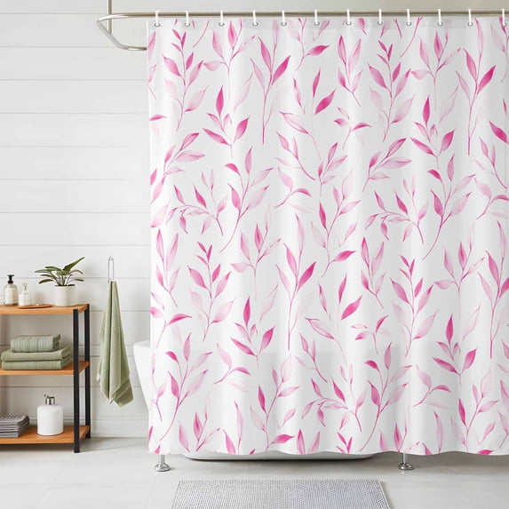 Shower Curtains for Bathroom, Pink Leaf Waterproof Fabric Shower Curtain, Modern Botanical Foliage Plant Country Flower Decorative Bathroom Curtain for Bathtub, 36"x72", No Hooks Included