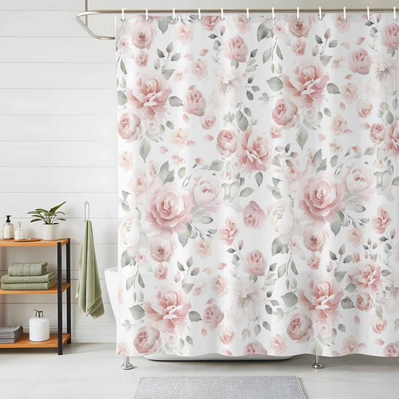 Shower Curtains for Bathroom, Pink Rose Waterproof Fabric Shower Curtain, Modern Simple Romantic Flowers Floral Leaves Decorative Bathroom Curtain for Bathtub, 72"x72", No Hooks Included