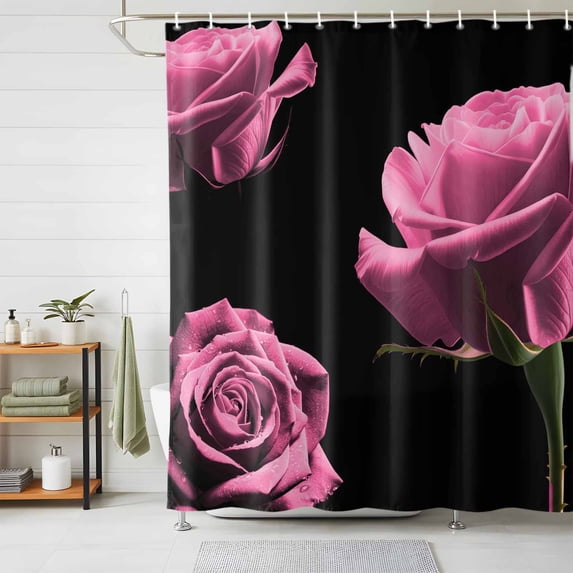 Shower Curtains for Bathroom, Pink Rose Waterproof Fabric Shower Curtain, Vintage Abstract Garden Flower Floral Black Decorative Bathroom Curtain for Bathtub, 72"x84", No Hooks Included