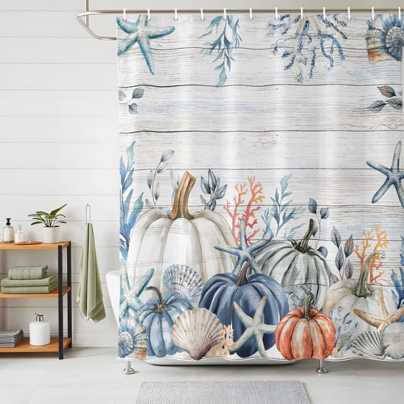 Shower Curtains for Bathroom, Pumpkin Coastal Waterproof Fabric Shower Curtain, Blue Thanksgiving Starfish Shell Fall Decorative Bathroom Curtain for Bathtub, 66"x72", No Hooks Included