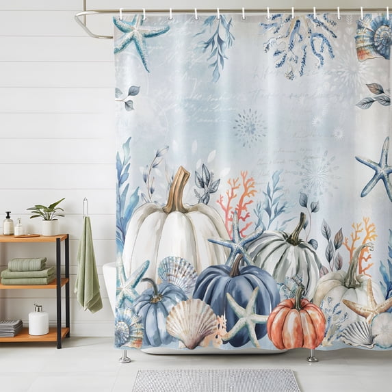 Shower Curtains for Bathroom, Pumpkin Starfish Waterproof Fabric Shower Curtain, Blue Thanksgiving Coastal Autumn Decorative Bathroom Curtain for Bathtub, 72"x72", No Hooks Included