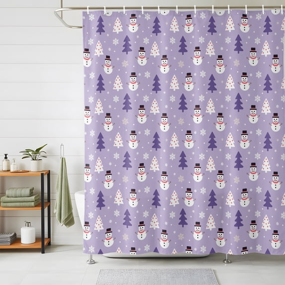 Shower Curtains for Bathroom, Purple Christmas Snowman Waterproof Fabric Shower Curtain, Winter Snowflakes Xmas Trees Decorative Bathroom Curtain for Bathtub, 36"x72", No Hooks Included