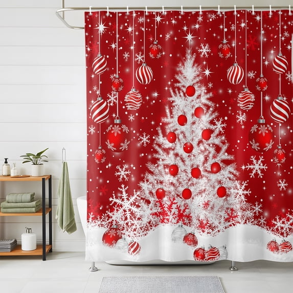 Shower Curtains for Bathroom, Red Christmas Tree Waterproof Fabric Shower Curtain, Balls Xmas Snowflake Winter Decorative Bathroom Curtain for Bathtub, 66"x72", No Hooks Included