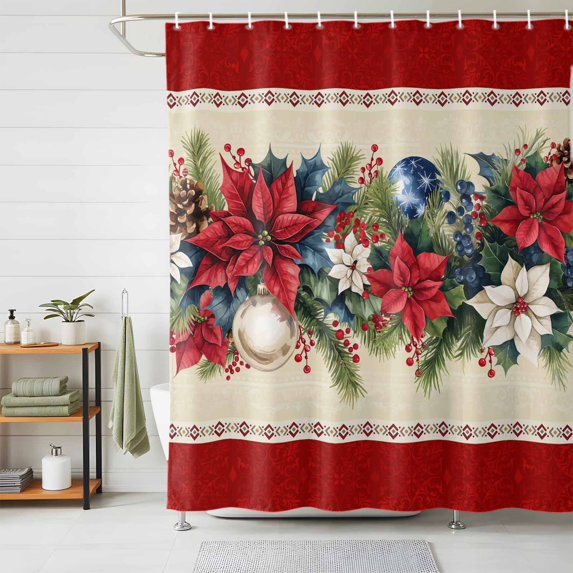 Shower Curtains for Bathroom, Red Christmas Waterproof Fabric Shower Curtain, Xmas Botanical Poinsettia Blue Balls Decorative Bathroom Curtain for Bathtub, 72"x72", No Hooks Included