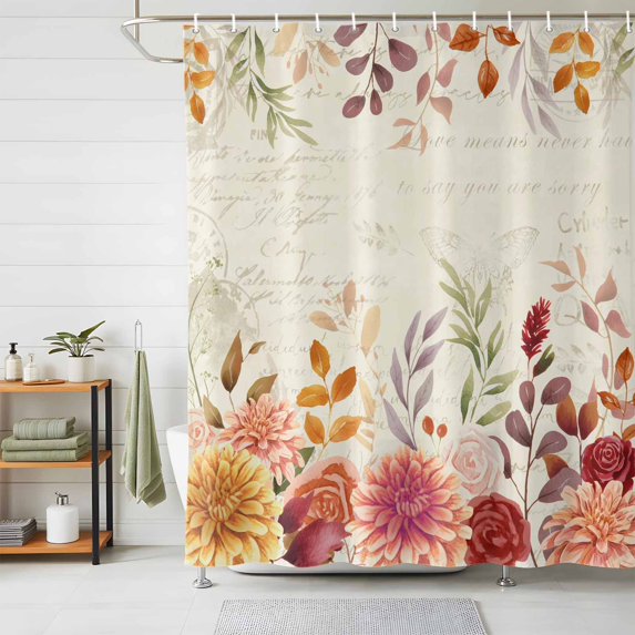 Shower Curtains for Bathroom, Red Orange Floral Fall Waterproof Fabric Shower Curtain, Thanksgiving Eucalyptus Leaves Autumn Decorative Bathroom Curtain for Bathtub, 36"x72", No Hooks Included