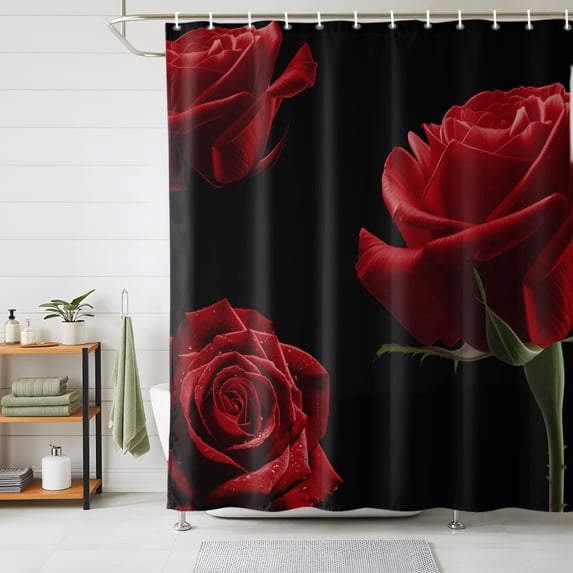 Shower Curtains for Bathroom, Red Rose Waterproof Fabric Shower Curtain, Vintage Abstract Garden Flower Floral Black Decorative Bathroom Curtain for Bathtub, 72"x78", No Hooks Included