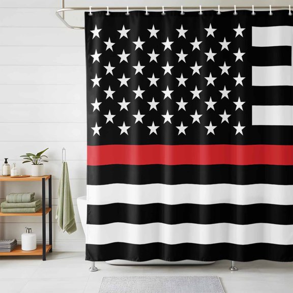 Shower Curtains for Bathroom, Red White Stripe Fireman American Flag Waterproof Fabric Shower Curtain, Fire Fighter USA Flags Decorative Bathroom Curtain for Bathtub, 72"x84", No Hooks Included