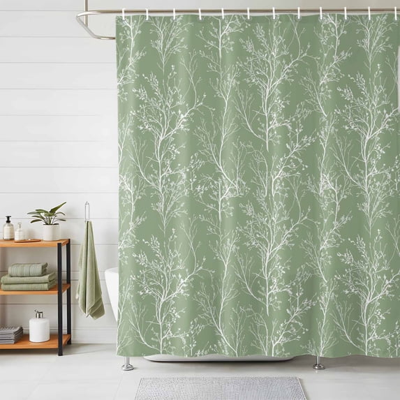 Shower Curtains for Bathroom, Sage Green Botanical Waterproof Fabric Shower Curtain, Vintage Floral Plants Branch Decorative Bathroom Curtain for Bathtub, 36"x72", No Hooks Included