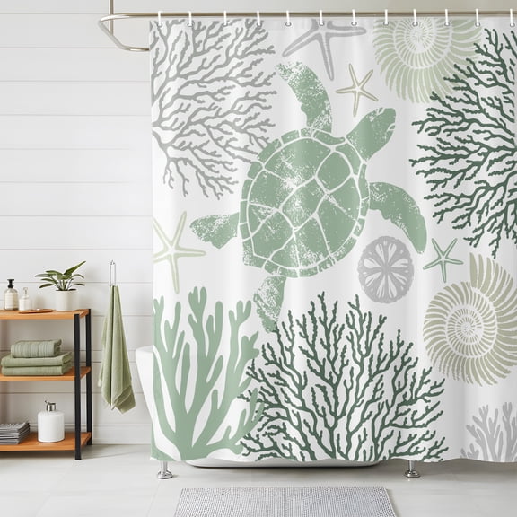 Shower Curtains for Bathroom, Sage Green Coastal Turtle Waterproof Fabric Shower Curtain, Ocean Coral Nautical Decorative Bathroom Curtain for Bathtub, 36"x72", No Hooks Included