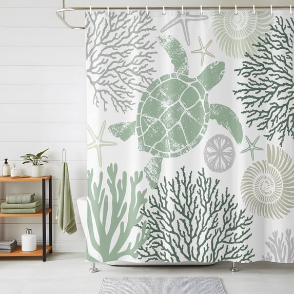 Shower Curtains for Bathroom, Sage Green Coastal Turtle Waterproof Fabric Shower Curtain, Ocean Coral Nautical Decorative Bathroom Curtain for Bathtub, 66"x72", No Hooks Included