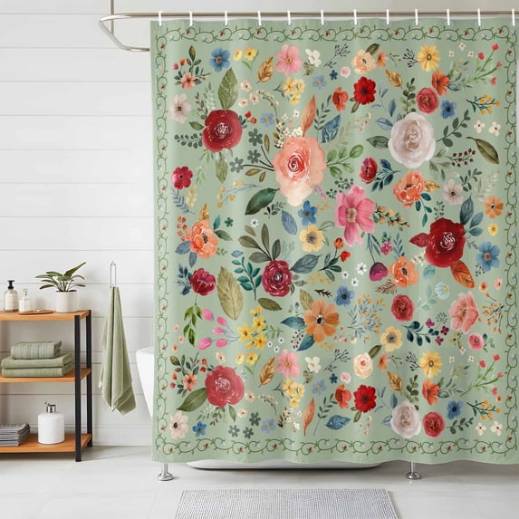 Shower Curtains for Bathroom, Sage Green Floral Waterproof Fabric Shower Curtain, Spring Flowers Leaves Farmhouse Decorative Bathroom Curtain for Bathtub, 36"x72", No Hooks Included