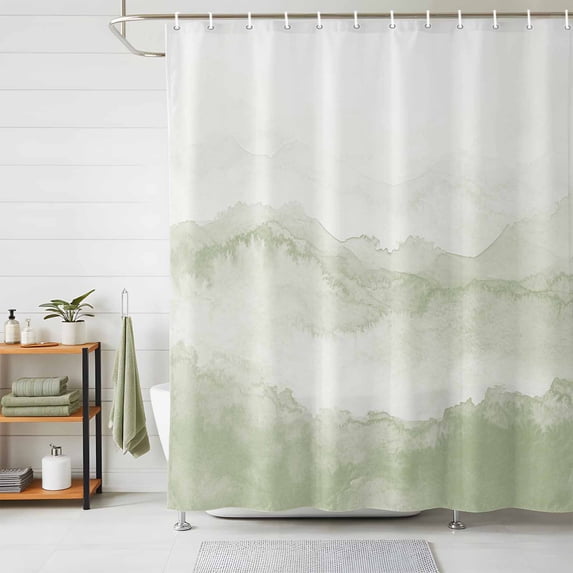 Shower Curtains for Bathroom, Sage Green Ombre Mountain Waterproof Fabric Shower Curtain, Nature Abstract Art Marble Decorative Bathroom Curtain for Bathtub, 36"x72", No Hooks Included
