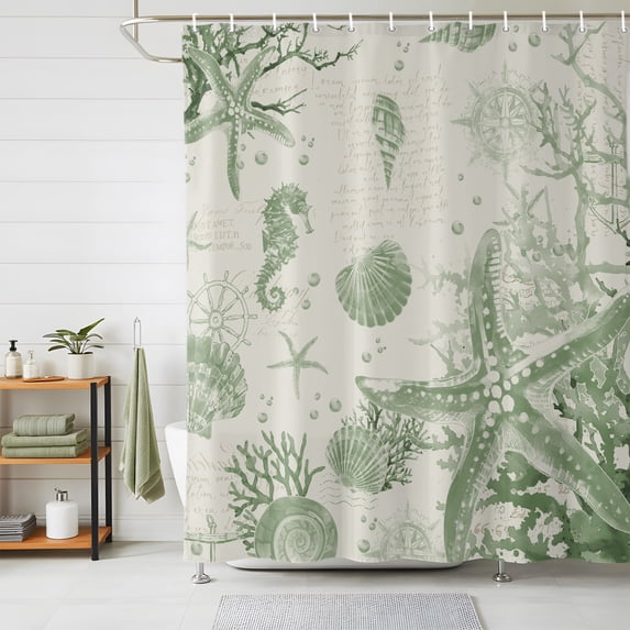 Shower Curtains for Bathroom, Sage Green Starfish Waterproof Fabric Shower Curtain, Coastal Nautical Seahorse Conch Decorative Bathroom Curtain for Bathtub, 72"x72", No Hooks Included