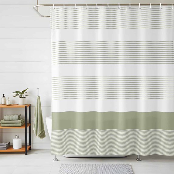Shower Curtains for Bathroom, Sage Green Stripe Waterproof Fabric Shower Curtain, Modern Rustic Horizontal Green Striped Decorative Bathroom Curtain for Bathtub, 36"x72", No Hooks Included