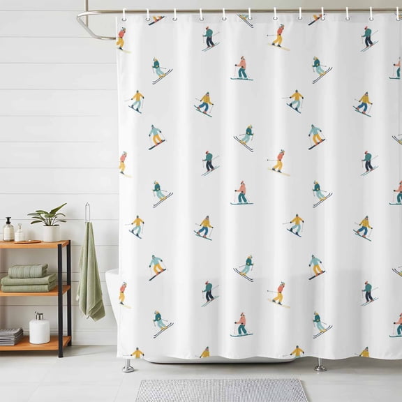 Shower Curtains for Bathroom, Skiing Waterproof Fabric Shower Curtain, Winter Snow Ski Sports Cartoon Boys Girls Skier Decorative Bathroom Curtain for Bathtub, 72"x84", No Hooks Included