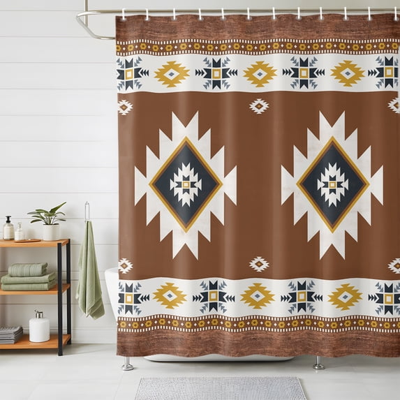 Shower Curtains for Bathroom, Southwest Waterproof Fabric Shower Curtain, Western Brown Yellow Geometric Abstract Art Wooden Decorative Bathroom Curtain for Bathtub, 66"x72", No Hooks Included