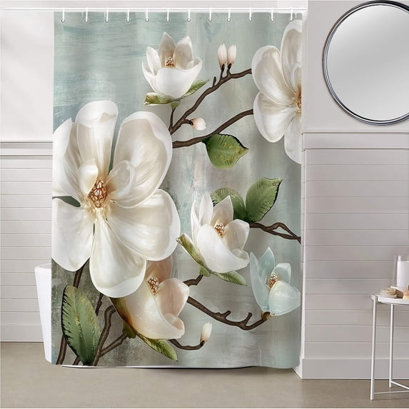 Shower Curtains for Bathroom, Spring Magnolia White Flower Vintage Shower Curtain Set Polyester Waterproof Fabric Bath Curtain with Hooks for Home Hotel Apartment Farmhouse 72x72 inch
