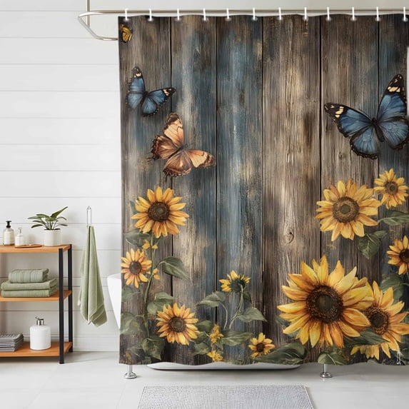 Shower Curtains for Bathroom, Spring Yellow Sunflower Waterproof Fabric Shower Curtain, Butterfly Wood Retro Farmhouse Decorative Bathroom Curtain for Bathtub, 72"x72", No Hooks Included