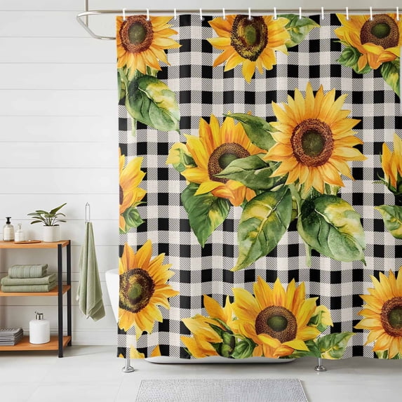 Shower Curtains for Bathroom, Sunflower Black Check Waterproof Fabric Shower Curtain, Spring Summer Flowers Botanical Decorative Bathroom Curtain for Bathtub, 66"x72", No Hooks Included