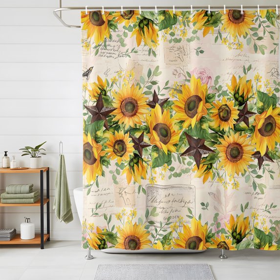 Shower Curtains for Bathroom, Sunflower Waterproof Fabric Shower Curtain, Yellow Spring Floral Summer Botanical Rustic Decorative Bathroom Curtain for Bathtub, 66"x72", No Hooks Included
