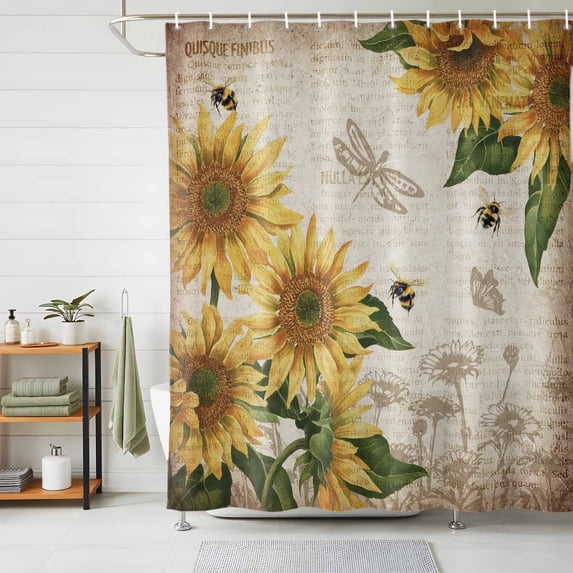 Shower Curtains for Bathroom, Sunflowers Waterproof Fabric Shower Curtain, Vintage Yellow Floral Farm Butterfly Decorative Bathroom Curtain for Bathtub, 72"x72", No Hooks Included