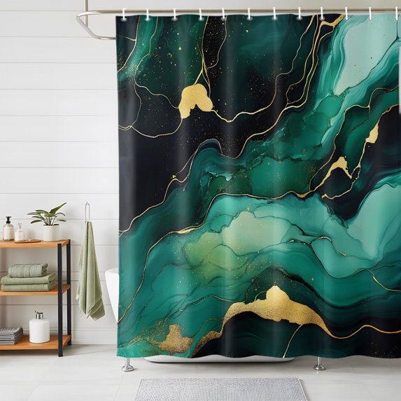 Shower Curtains for Bathroom, Teal Marble Waterproof Fabric Shower Curtain, Modern Green Golden Abstract Ombre Texture Decorative Bathroom Curtain for Bathtub, 72"x84", No Hooks Included