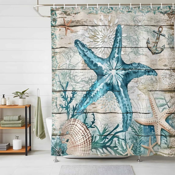 Shower Curtains for Bathroom, Teal Starfish Coastal Waterproof Fabric Shower Curtain, Summer Beach Nautical Retro Decorative Bathroom Curtain for Bathtub, 36"x72", No Hooks Included