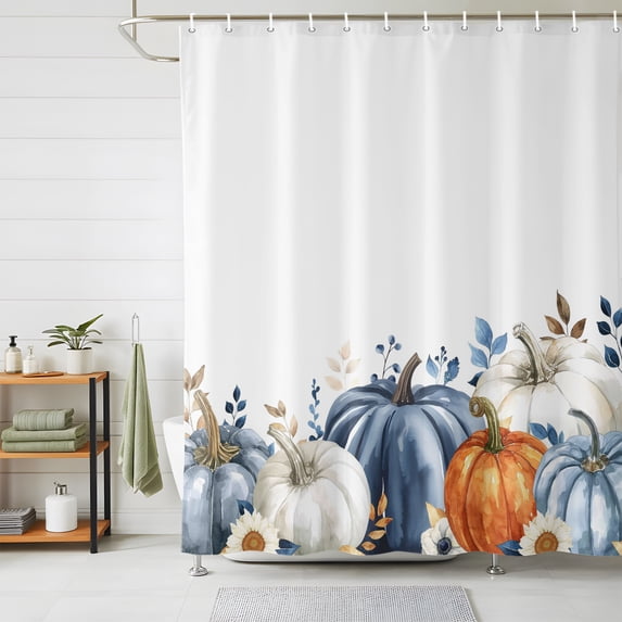Shower Curtains for Bathroom, Thanksgiving Fall Waterproof Fabric Shower Curtain, Blue White Orange Pumpkin Leaves Decorative Bathroom Curtain for Bathtub, 72"x72", No Hooks Included