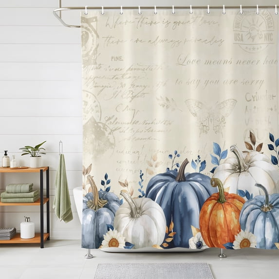Shower Curtains for Bathroom, Thanksgiving Pumpkin Waterproof Fabric Shower Curtain, Fall Blue White Orange Plants Decorative Bathroom Curtain for Bathtub, 36"x72", No Hooks Included