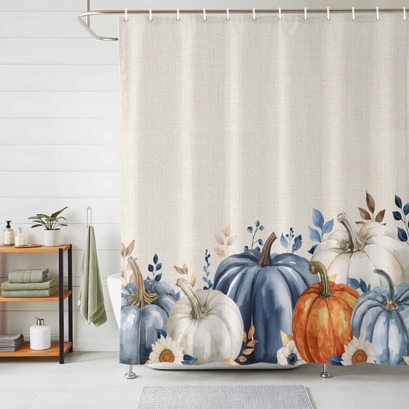 Shower Curtains for Bathroom, Thanksgiving Pumpkin Waterproof Fabric Shower Curtain, Fall Farmhouse Eucalyptus Leaves Decorative Bathroom Curtain for Bathtub, 72"x84", No Hooks Included