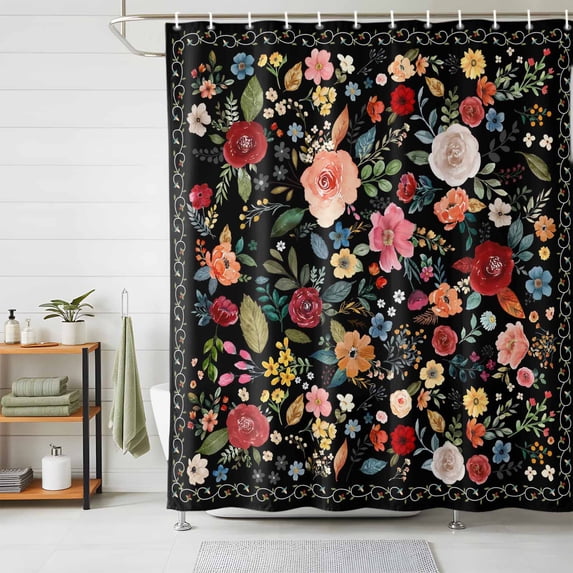 Shower Curtains for Bathroom, Watercolor Flowers Waterproof Fabric Shower Curtain, Farmhouse Floral Vintage Black Decorative Bathroom Curtain for Bathtub, 72"x72", No Hooks Included