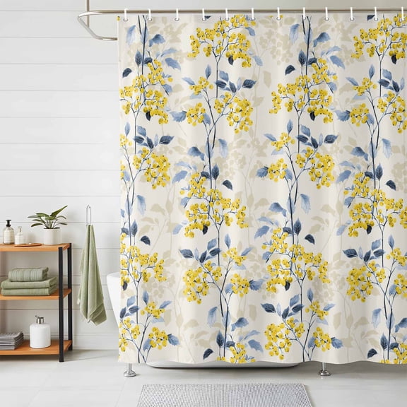 Shower Curtains for Bathroom, Yellow Blue Spring Floral Waterproof Fabric Shower Curtain, Summer Botanical Farmhouse Decorative Bathroom Curtain for Bathtub, 36"x72", No Hooks Included