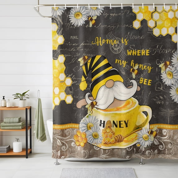 Shower Curtains for Bathroom, Yellow Gnomes Waterproof Fabric Shower Curtain, Bee Daisy Honey Vintage Decorative Bathroom Curtain for Bathtub, 36"x72", No Hooks Included