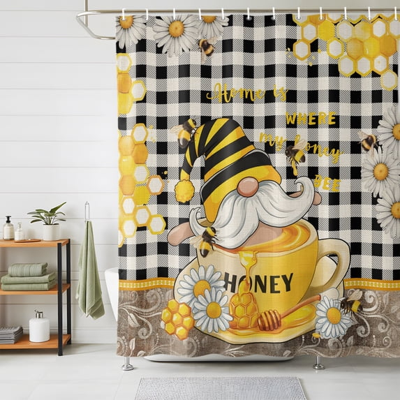 Shower Curtains for Bathroom, Yellow Gnomes Waterproof Fabric Shower Curtain, Vintage Buffalo Plaid Black Bee Daisy Decorative Bathroom Curtain for Bathtub, 66"x72", No Hooks Included