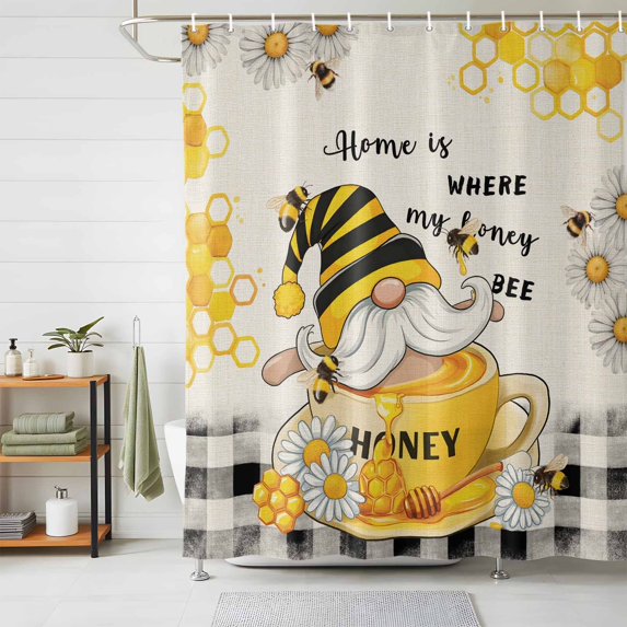 Shower Curtains for Bathroom, Yellow Gnomes Waterproof Fabric Shower Curtain, Vintage Daisy Honey Plaid Flower Decorative Bathroom Curtain for Bathtub, 72"x78", No Hooks Included