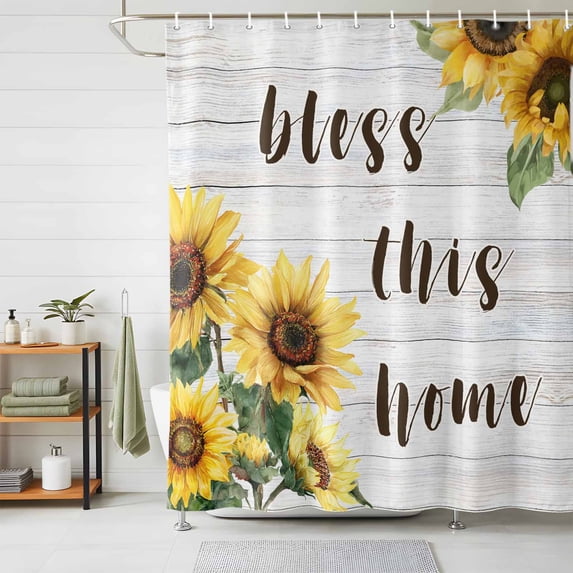 Shower Curtains for Bathroom, Yellow Sunflowers Waterproof Fabric Shower Curtain, Farmhouse Spring Botanical Floral Wooden Decorative Bathroom Curtain for Bathtub, 72"x72", No Hooks Included