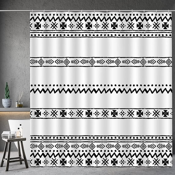 Shower Curtains Black White Pattern Striped Modern Bohemian Chic Tribal Shower Curtain Set with 12 Hooks for Bathroom Decor Accessories Bathtub Curtain, 72"x72"