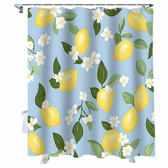 Shower Curtains Blue Background Bath Curtain Yellow Lemon White Flowers Waterproof Bathroom Shower Curtain Set with Hooks Decoration 36 x 72 Inches