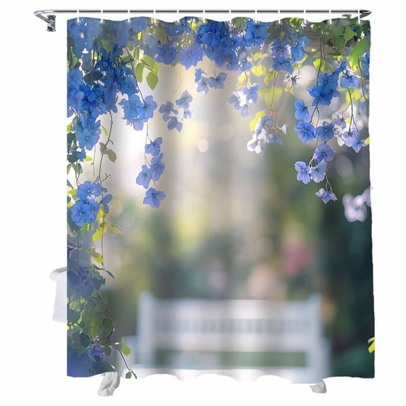 Shower Curtains Blue Flower Bath Curtain Spring Landscape Waterproof Bathroom Shower Curtain Set with Hooks Decoration 72 x 84 Inches