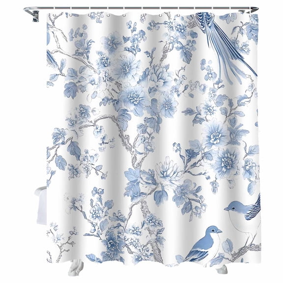 Shower Curtains Blue Flower Bath Curtain Tree Branch Bird Waterproof Bathroom Shower Curtain Set with Hooks Decoration 72 x 72 Inches